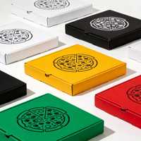 Boîte à pizza en carton ondulé kraft écologique personnalisée, imprimée quadricolore, avec pelliculage mat, design pliable et logo découpé