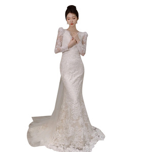 Vestido de <span class=keywords><strong>Novia</strong></span> de Encaje de Manga Larga para Otoño e Invierno, Nuevo Vestido de <span class=keywords><strong>Novia</strong></span> Francés con Velo de Cola de Pez - Product Image 5