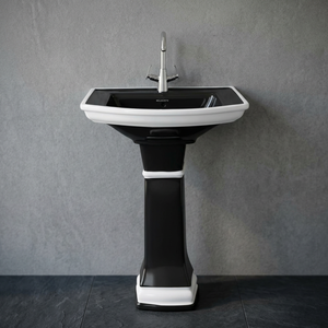 Lavabo Cuadrado Tradicional de Cerámica Blanca con Pedestal Completo y Diseño Dorado Impreso, Juego de Lavabo para Baño - Product Image 4