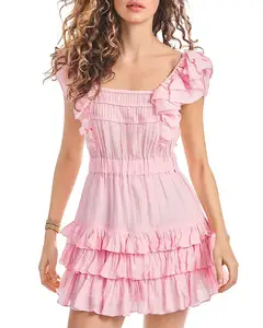 2021 Custom Casual Dresses Summer Dress Womens Clothing Puff Short Sleeve Vestidos Pink Sweet Elegant Casual Dresses