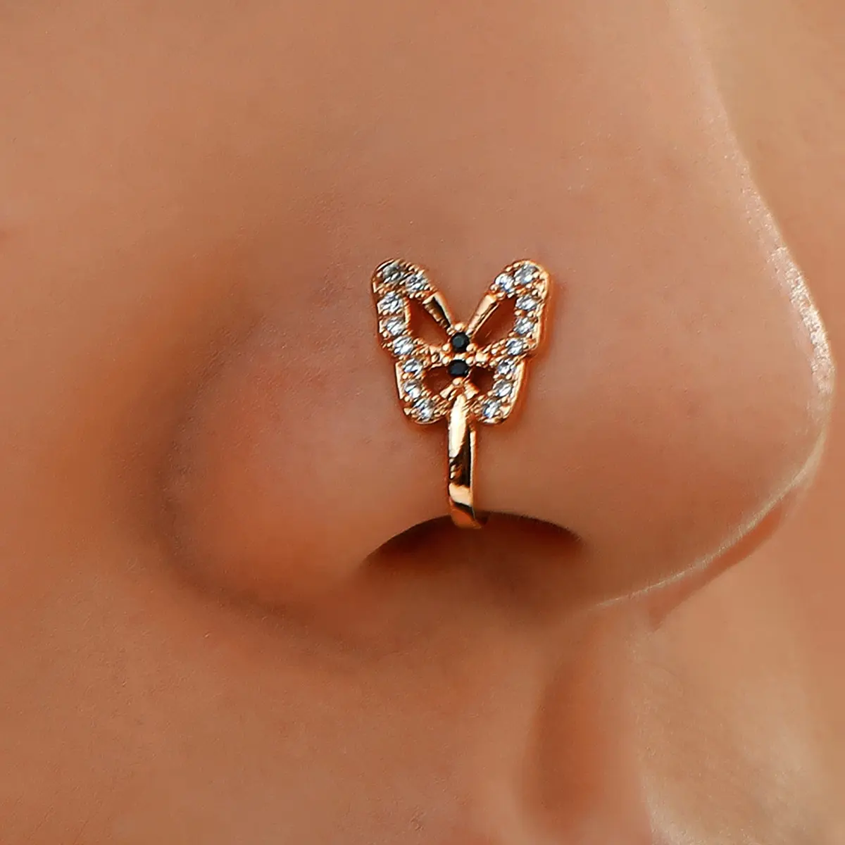 Anel de nariz feminino, anel de designer falso torcido, cuff, diamante, borboleta, em formato de u, face, nariz, piercing do nariz