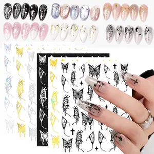 Metal Laser Butterfly Nail Stickers Holographic Butterflies Star Moon Cross Adhesive Nail Slider Sticker Wraps Gel Polish Decals