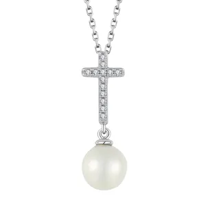 Trendy Custom Women religioso ortodosso Christian Charms Jewelry 925 Sterling Silver Iced Out White madreperla Cross Pendant
