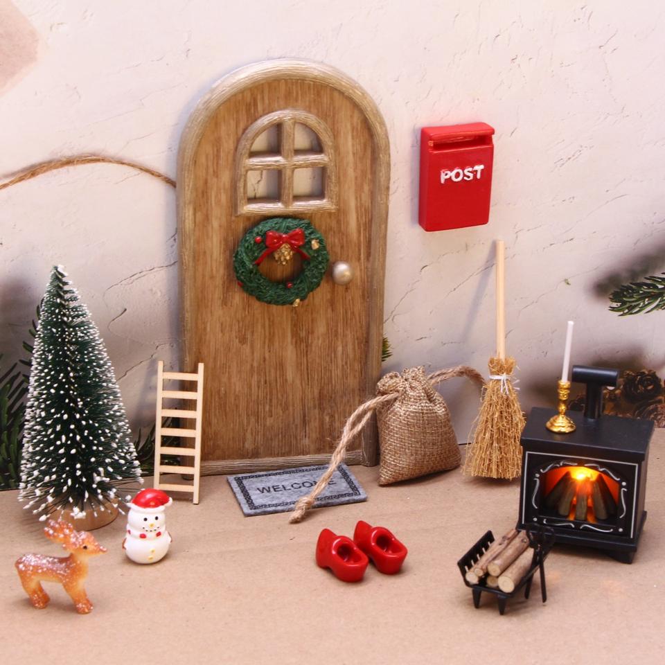 Doll House Mini Resin Elf Door Led Lighting Fireplace Antique Props Accessories For Christmas Diy Model Toy