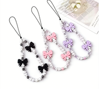 Accessoire de mode coréenne : Lanière de téléphone avec nœud, cœur et perles imitation, chaîne perlée, bracelet de poignet mignon pour téléphone portable