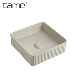 TAME PZ6502-MK 2025 Nouveau lavabo de salle de bain en céramique carré de couleur kaki clair avec un design créatif à rayures verticales - Product Image 1