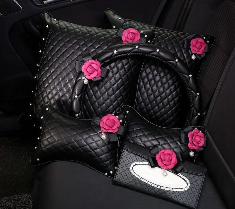 Pink blume auto sitz zurück unterstützung luxus leder mit diamant auto lenkrad abdeckung