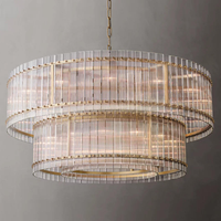 Lustre rectangulaire moderne de luxe américain de 54 pouces en laiton fini avec verre cannelé transparent fait main pour salon et salle à manger