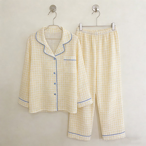 بيجامة نسائية من القطن العضوي 100٪ بنقشة مربعات بلون كريمي أصفر، ملابس نوم مخصصة لطيفة - Product Image 2