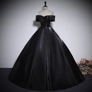 Black Off The Shoulder Ball Gown Empire Waistline Solid Color Evening Dress For Arts Exams - Product Image 3