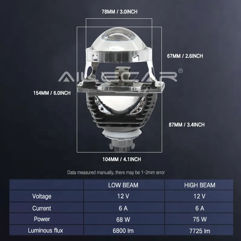 AILECAR 3,0 Zoll AI Bi-LED Projektor-Objektiv 75 W 7725LM Doppelreflektor Tassen Frontscheinwerfer H4 LED Scheinwerfer Projektor Nachrüstung