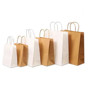 Benutzer definiertes Logo Günstige recycelte Lebensmittel zum Mitnehmen Einkaufen Verpackung Braun Weiß Kraft Papiertüte Mit Griffen Für Geschenke Kleidung