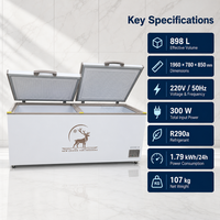 Congélateur coffre horizontal commercial 798L blanc avec deux couvercles rabattables, réglage de la température et roulettes pour stockage de produits surgelés