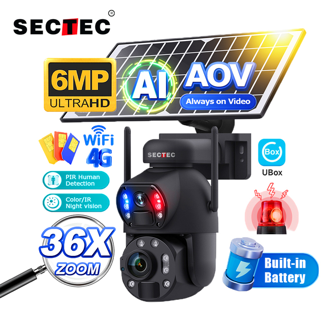 AOV Solar Powered WIFI 4G SIM Card Continous Recording CCTV Security System Alarm 36X Zoom Solar Powered AI Solar Battery Camera