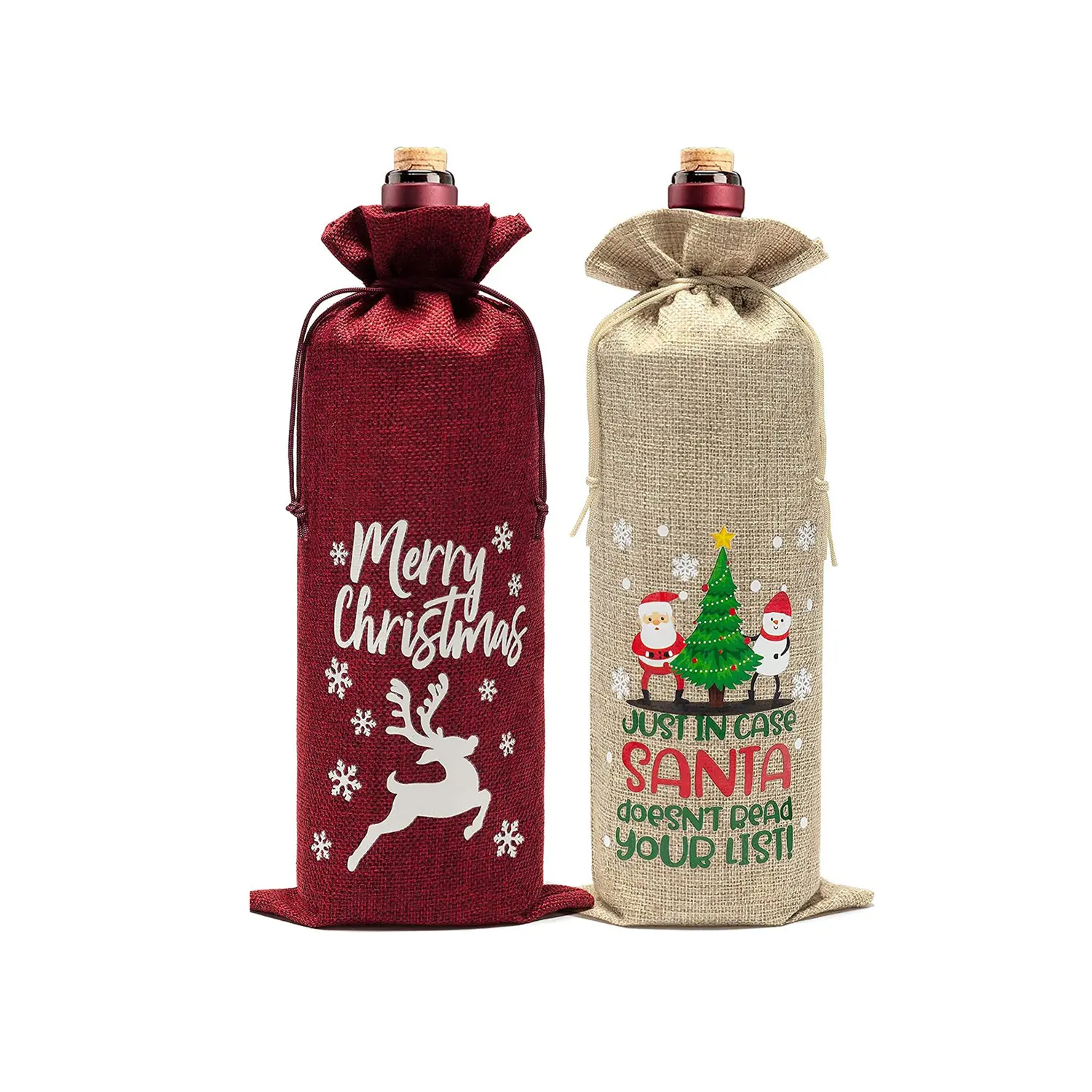 도매 친환경 레드 와인 캔버스 황마 토트 백 크리스마스 선물 졸라매는 끈 크리스마스 선물 캐리어 사용자 정의 로고 인쇄