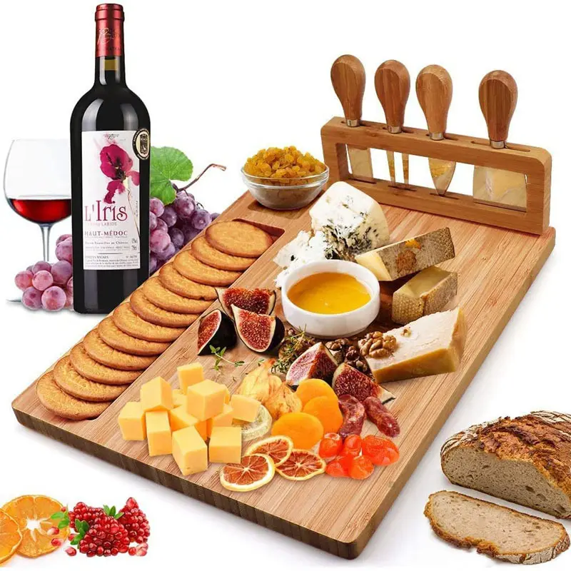 Oem chopping cheeseboard charcuterie acacia cutting bamboo cheese board set and knife set with cutlery in slide-out