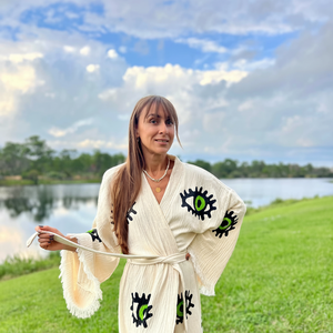 Handcrafted Natural Cotton Printed <b>Kimono</b> Robe Cozy Blanket Maxi Housecoat <b>Long</b> Fringe-Trim Sleeves Classic Loungewear Sweet - Product Image 1