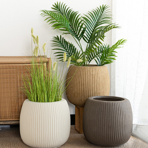I1282 Vaso per Fiori Nordico Rotondo in Cemento con Strisce Verticali, Grande Vaso da Terra per Piante Verdi da Interno e <span class=keywords><strong>Balcone</strong></span> - Product Image 3