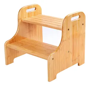 实心竹木2台阶凳，带防滑台阶踏板和镂空手柄