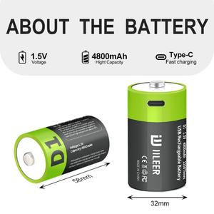 IILEER - Baterías Recargables de Iones de Litio Cilíndricas D1 de 1.5V, 4800mAh, 7400mWh, Gran Capacidad, Venta al por Mayor - Product Image 3