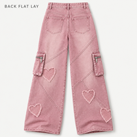 Jeans en denim à jambes larges pour femmes, avec application de cœur, pantalon cargo multi-poches pour un style streetwear