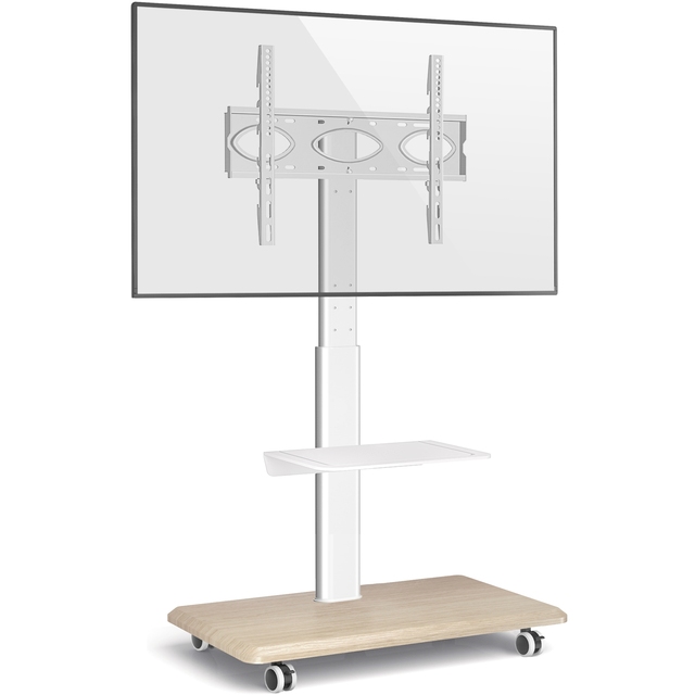 Height Adjustable VESA 400 Portable Cart for 26-65 Inch TV with Wooden Base and Wheels, White Alloy Steel Shelf Floor TV Stand