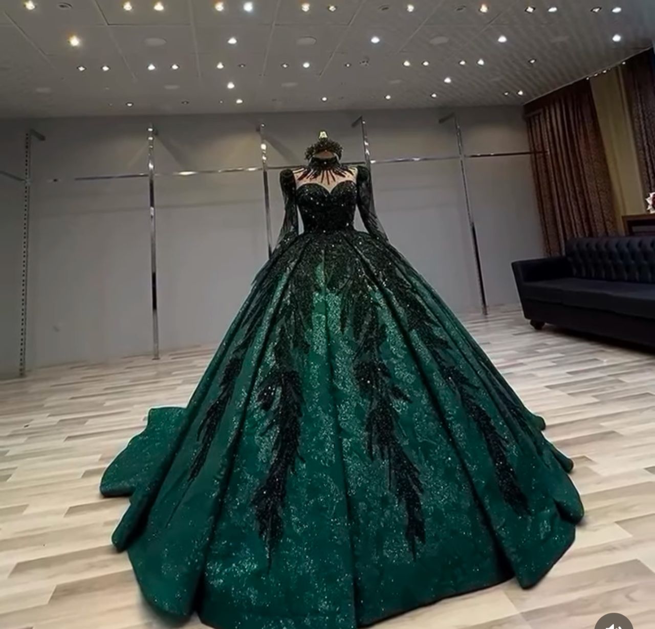 Dark Green Gown with Sleeves - Elegant Party Dress