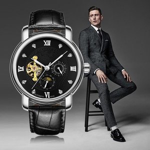 <span class=keywords><strong>Montre</strong></span> mécanique <span class=keywords><strong>à</strong></span> cinq aiguilles incrustée de diamants, <span class=keywords><strong>montre</strong></span> squelette tourbillon soleil lune étoile avec bracelet en cuir pour homme - Product Image 5