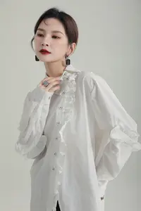 Blusa informal elegante de talla grande para primavera y otoño, camisa de manga larga con volantes, camisa de longitud media con cuello asimétrico de estilo chino