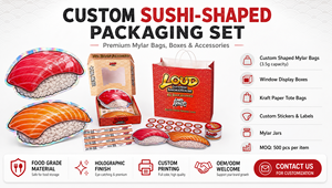 Bolsas de Mylar con Forma de Sushi, Diseño Único, Impresión Personalizada, Paquete de Bolsas de 3.5 Gramos y Caja con Pegatinas y Papel con el Logotipo a Juego - Product Image 6