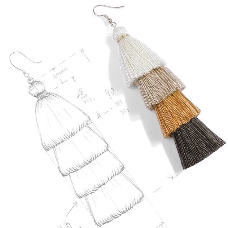 Gradient Multi color Cotton Thread tassel earrings bohemian dangle drop tiered tassel Handmade Layered Colorful Ladies Earrings