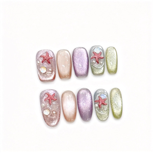 <span class=keywords><strong>Uñas</strong></span> <span class=keywords><strong>Postizas</strong></span> Hechas a Mano con Diseño de Ojo de Gato, Estrella de Mar 3D, Perla y Sirena, Estilo Veraniego de Playa, Lujosas y Reutilizables, Venta al Por Mayor - Product Image 1