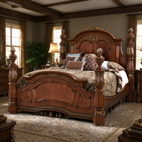 Ensemble de meubles de chambre à coucher antiques, lit king size de luxe, cadre de lit en bois massif, tête de lit sculptée en bois, meubles classiques américains
