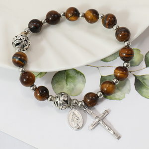 Le plus récent Bracelet de perles de pierre naturelle de 8mm Inspiration du chapelet religieux catholique d'une décennie avec croix taille libre pour adulte - Product Image 5