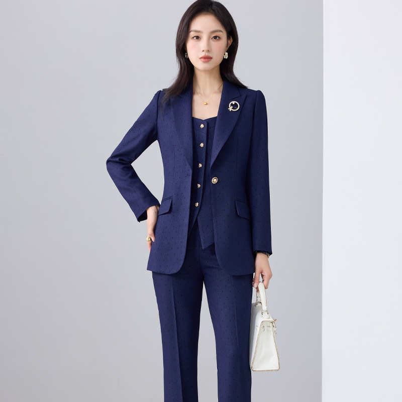 Blue suit flared trousers brooch