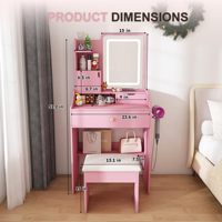 Tabouret de coiffeuse en bois éclairé couleur rose, durable et moderne, pour chambre à coucher et salon, avec 2 tiroirs et 5 armoires de rangement