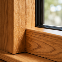 Porte coulissante moderne en chêne massif avec rupture de pont thermique, extérieur en aluminium, verre Low-E, pour maison passive, avec cadre en bois recouvert d'aluminium.