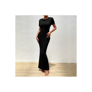 Robe longue noire à manches courtes pour femme, col rond, taille naturelle, tenue modeste, longueur 135 cm - Product Image 1