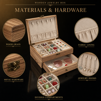 Boîte à bijoux en bois avec crochets pour colliers, compartiments divisés et tiroir coulissant, organiseur de bijoux doublé de tissu