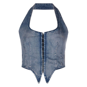 Gilet à encolure dos nu bleu délavé personnalisé pour femmes, col rond, fermeture éclair sur le devant, ourlet asymétrique, gilet en jean corset - Product Image 3