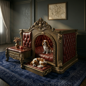 Divano Sezionale Classico in Pelle per Villa di Lusso, Mobili da Soggiorno in Legno Massello Intagliato con Letto Integrato per Animali Domestici - Product Image 6