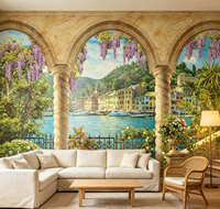 Papier peint mural Paysage Côtier Italien avec Arche en Pierre et Glycine pour Décoration Murale de Salon, Hôtel, Café