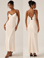 Vestido Midi de Satén Crema con Ribete en Contraste Negro y Cuello en V, Nueva Colección Verano 2026, Gran Venta en EE. UU. y Australia