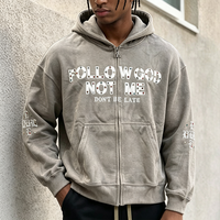 Sweat à capuche zippé intégral surdimensionné pour homme, kaki, avec strass, style gothique, imprimé lettres double face, streetwear vintage, veste décontractée, survêtement