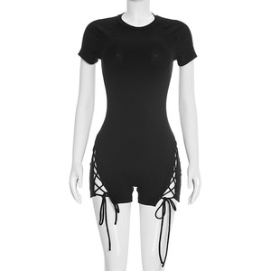 Nuova <span class=keywords><strong>Tuta</strong></span> Corta Estiva Elasticizzata <span class=keywords><strong>con</strong></span> Lacci e Maniche Corte, Body Intero Nero per Donna - Product Image 5