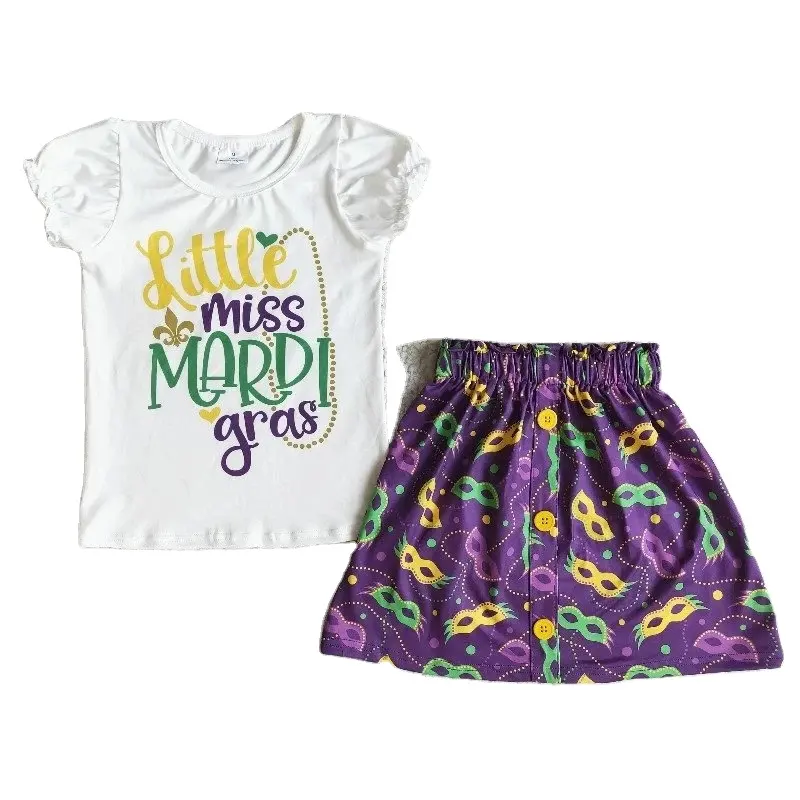 Groothandel Mardi Gras Kinderen Nieuwe Outfit Meisje Fashion Boutique Kleding Ruche Mouwen Brief Kid Paars Rok Kleding