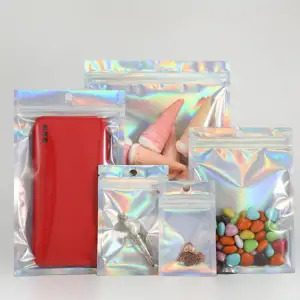 Customized Wholesale Holographic Resealable Ziplock Laser Food Packaging Hologram Bags Cosmetic Security Fashionable