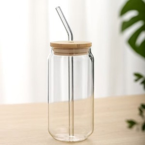 Gobelet en verre de 500 ml pour boissons froides, eau, café, lait, jus, bière, avec couvercle en bambou et paille, pour la maison et le petit-déjeuner - Product Image 2