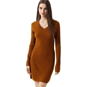 Factory Supply Elegant V Neck Ribbed Wool Dress <strong>Women</strong> Casual Fashion Knit Dress <strong>Women's</strong> Sweater Skirts - Product Image 4