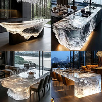 Table de salle à manger en cristal lumineux de luxe haut de gamme 2026 en résine transparente pour hôtel, restaurant, villa, cuisine, style île glacier